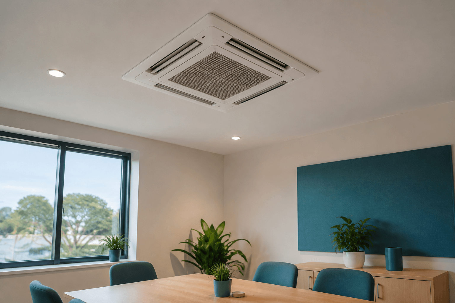 Four-way ceiling-cassette heat pump above an office meeting table