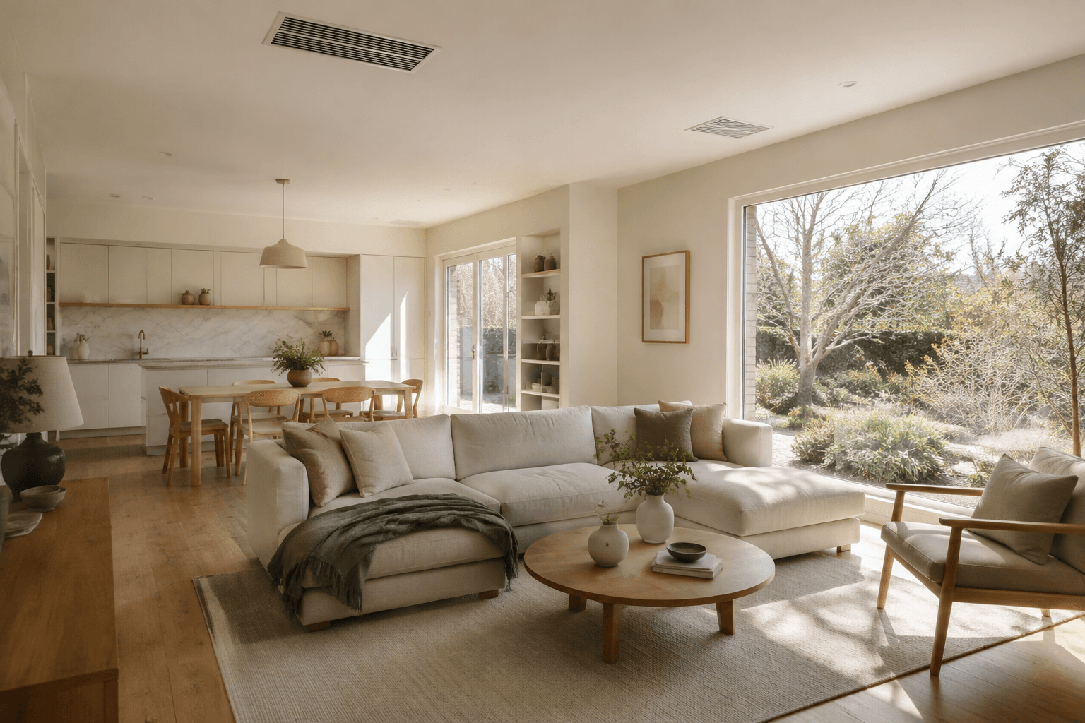 warm open-plan home interior with subtle ceiling outlets for a ducted system