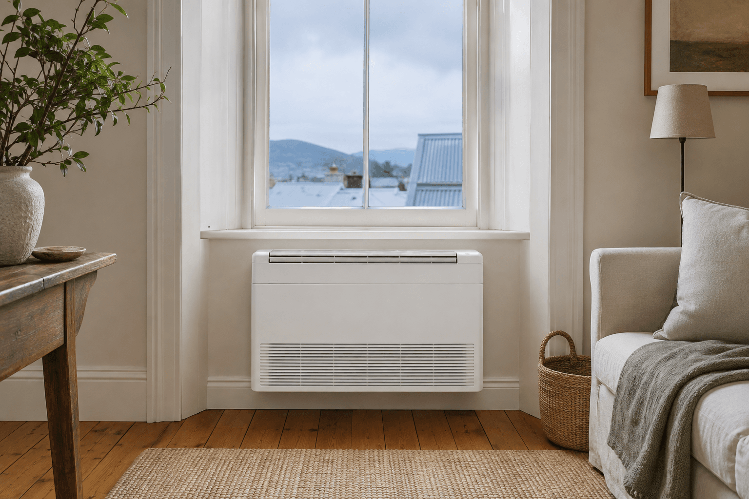 Low-mounted floor-console heat pump beneath a living-room window
