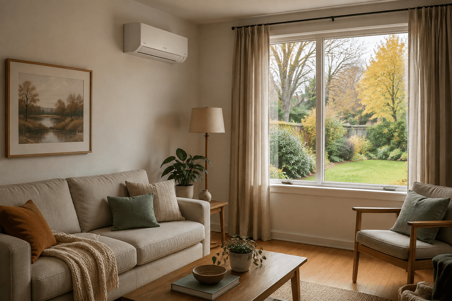 comfortable Tasmanian living room with a discreet wall-mounted heat pump