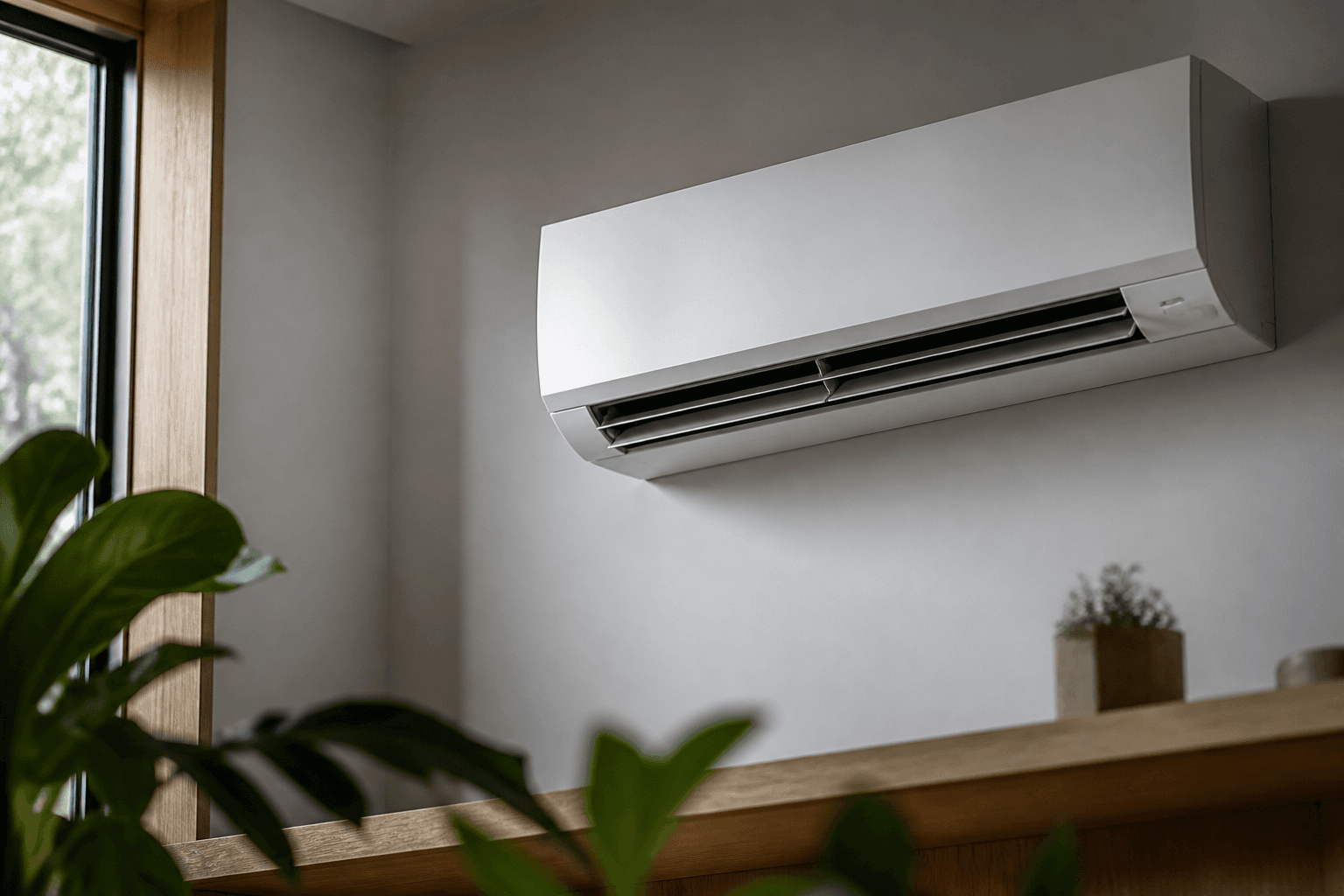 Wall-mounted heat pump in a light-filled living space